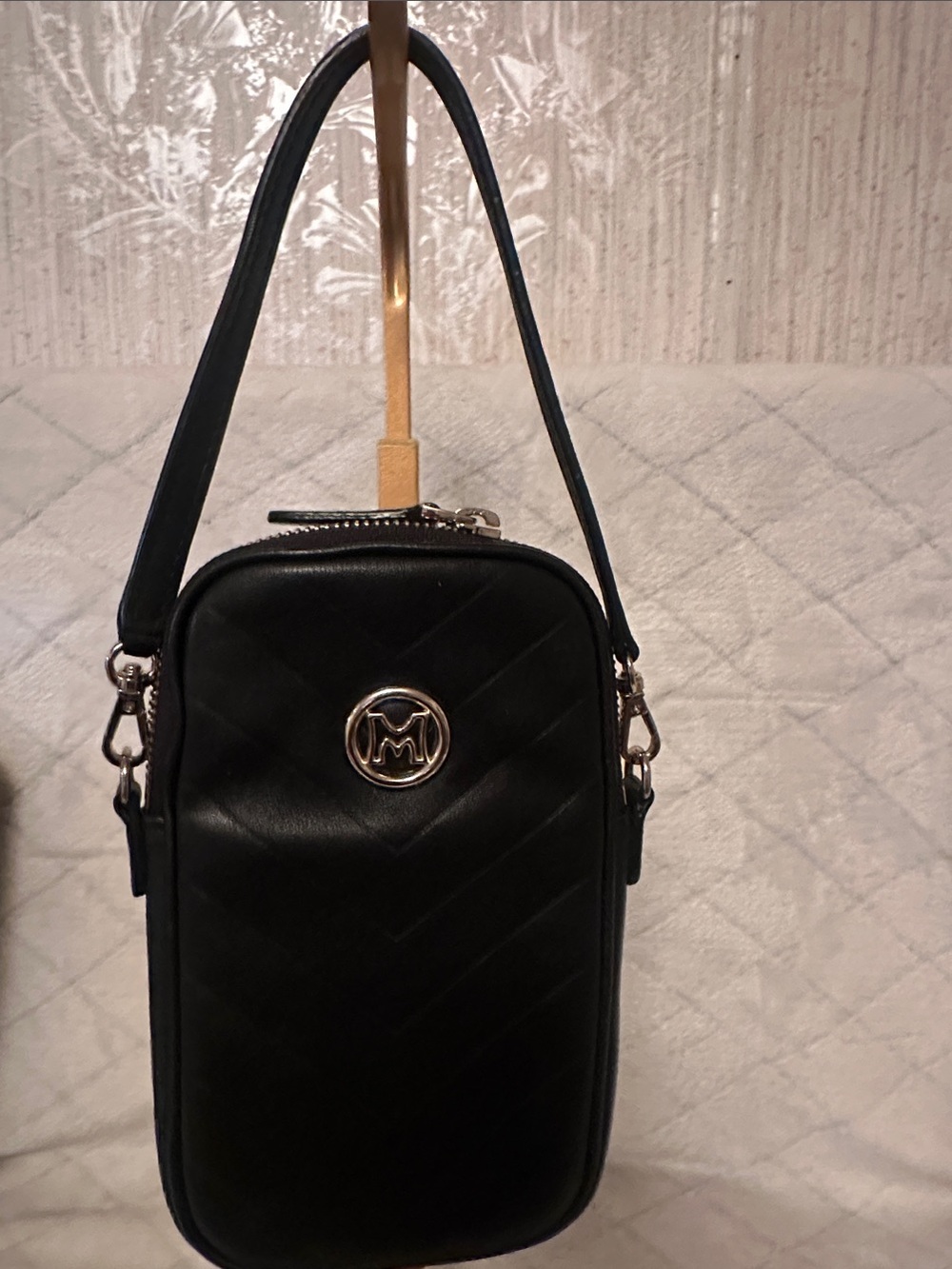 Black Quilted Crossbody with Gold Logo Accent